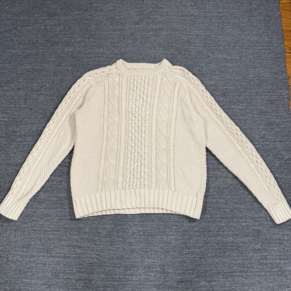 LL Bean Signature Sweater Men XL Cream Cable Knit Cotton Fisherman Crewneck